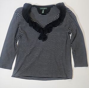 Lauren Ralph Lauren Blouse Womens Large Black White Striped Ruffle Neck Top